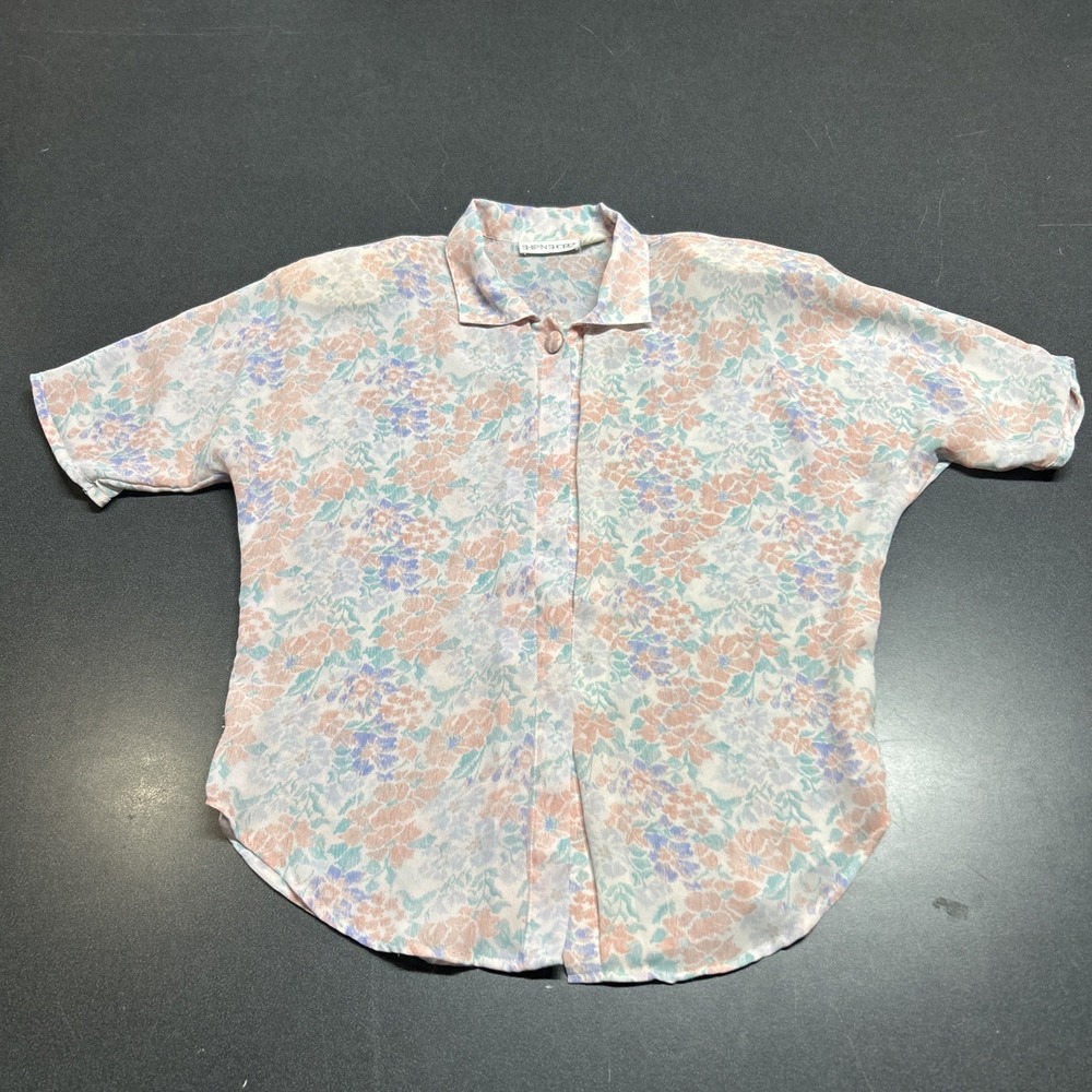 Vintage Ship'N Shore Shirt Pink Blue Floral Pastel Button Up Size 14 80s